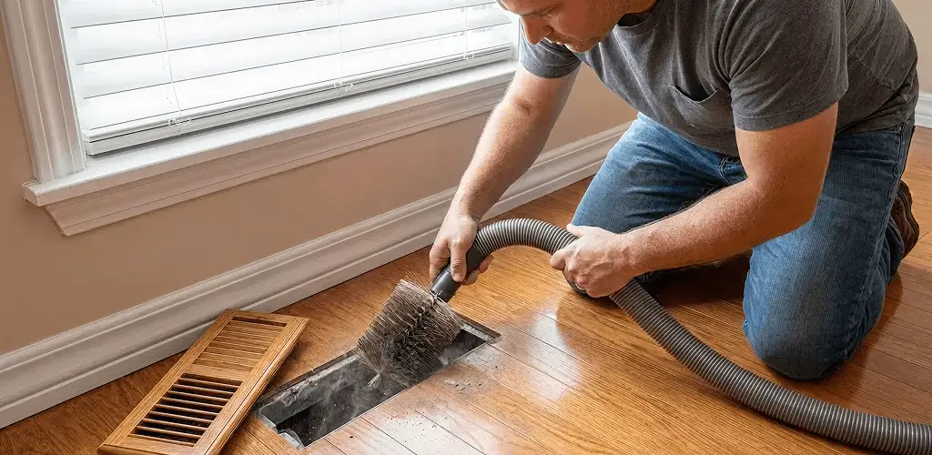 Air duct cleaning technician vacuuming a floor vent and duct opening in Dover, DE