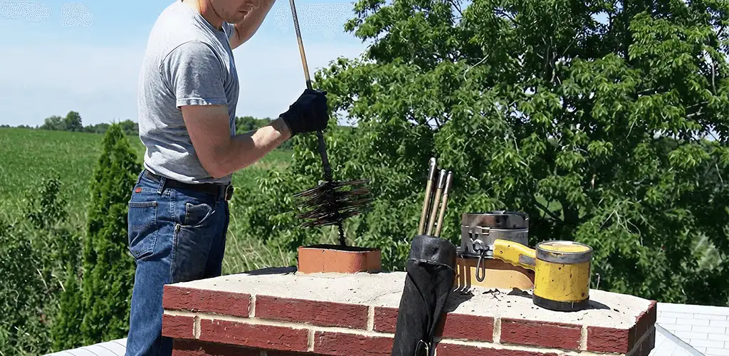Chimney cleaning technician working on a rooftop chimney with professional tools in Dover, DE