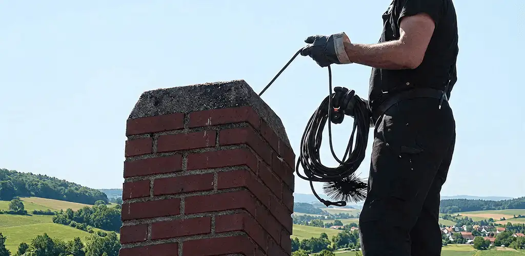 Chimney sweep inspecting and cleaning a rooftop chimney in Dover, DE
