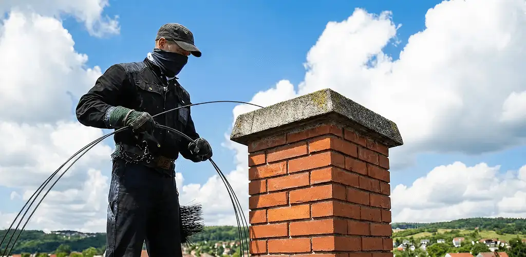 Chimney sweep cleaning a brick chimney with professional tools in Dover, DE