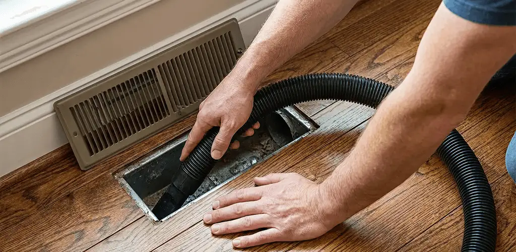Air duct cleaning technician vacuuming a floor register and duct opening in Dover, DE