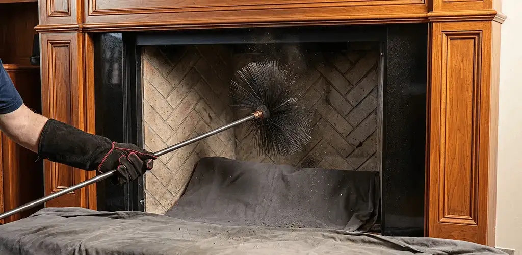 Chimney cleaning service brushing soot from a fireplace and flue in Dover, DE
