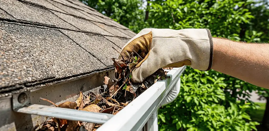 Gutter cleaning removing leaves and debris from roof gutters in Dover, DE