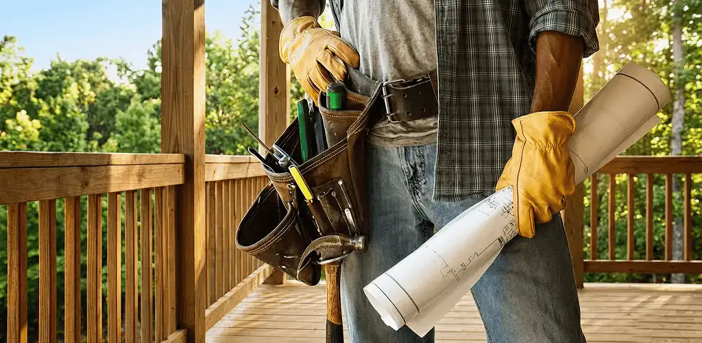 Professional handyman with tool belt ready for home repairs in Dover, DE
