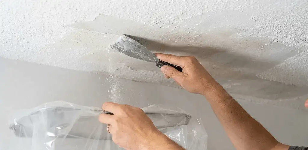 Popcorn ceiling removal technician scraping texture from a ceiling in Dover, DE