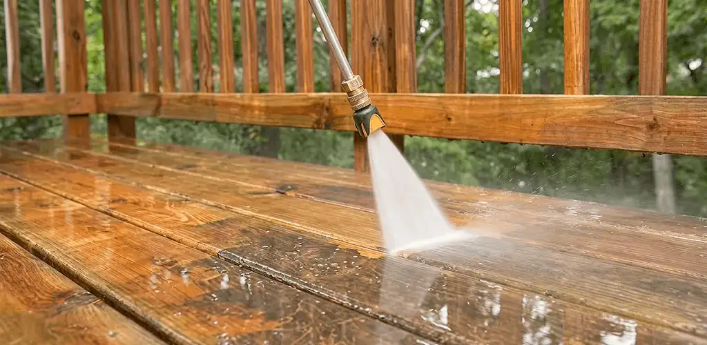 Pressure washing a wood deck to remove dirt and buildup in Dover, DE