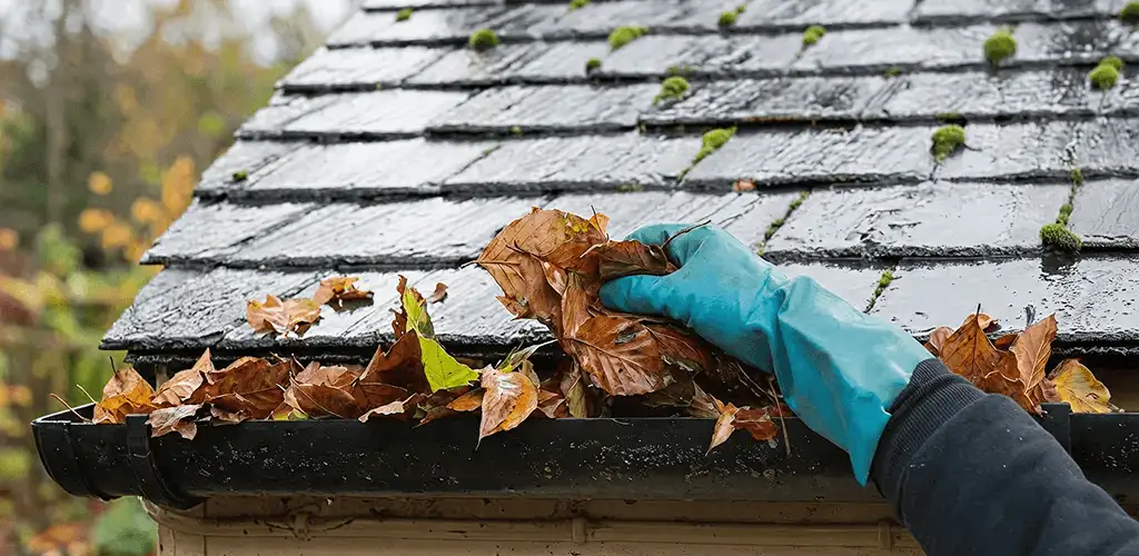Gutter cleaning technician clearing wet leaves from roof gutters in Dover, DE