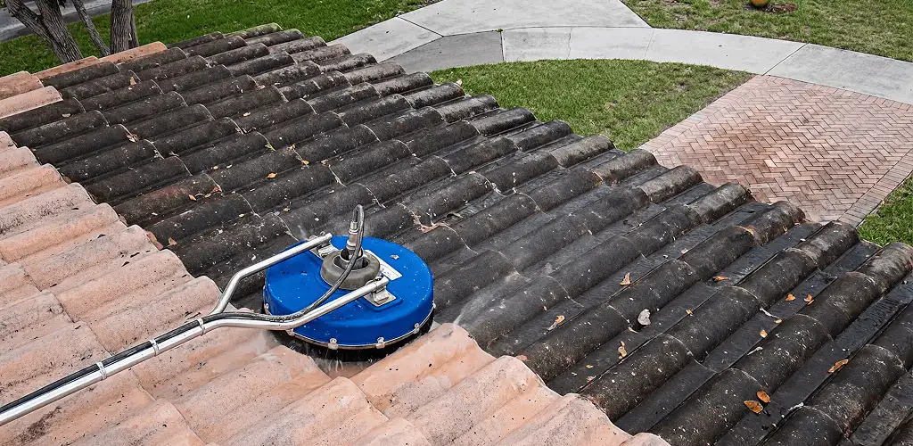 Roof pressure cleaning removing debris and buildup from roof tiles in Dover, DE