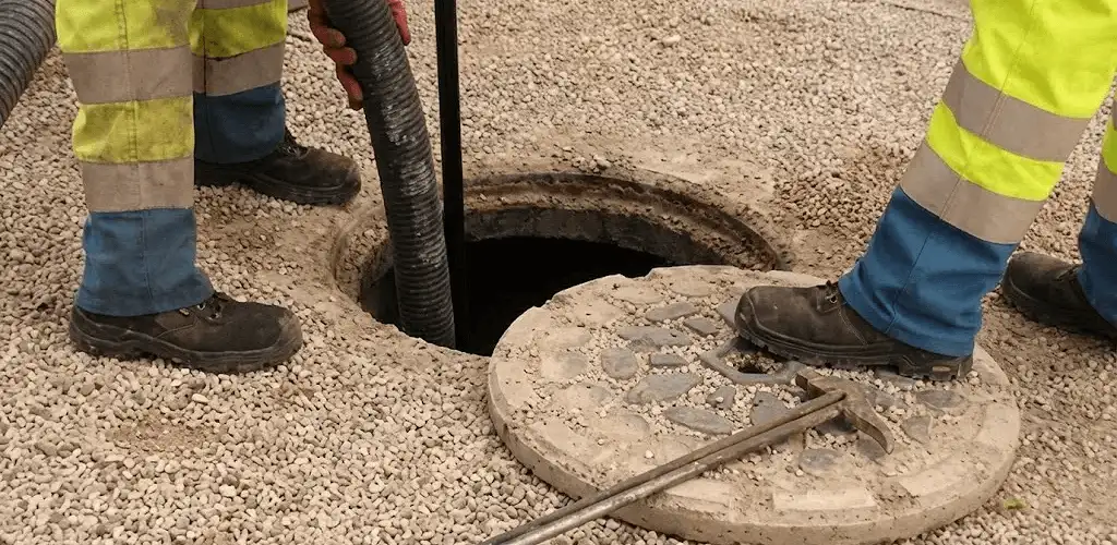 Drain cleaning crew clearing a sewer access point with professional equipment in Dover, DE