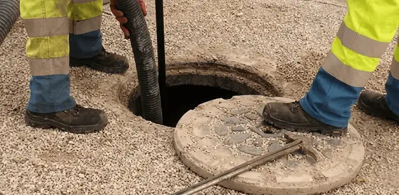 Drain cleaning crew clearing a sewer access point with professional equipment in Dover, DE