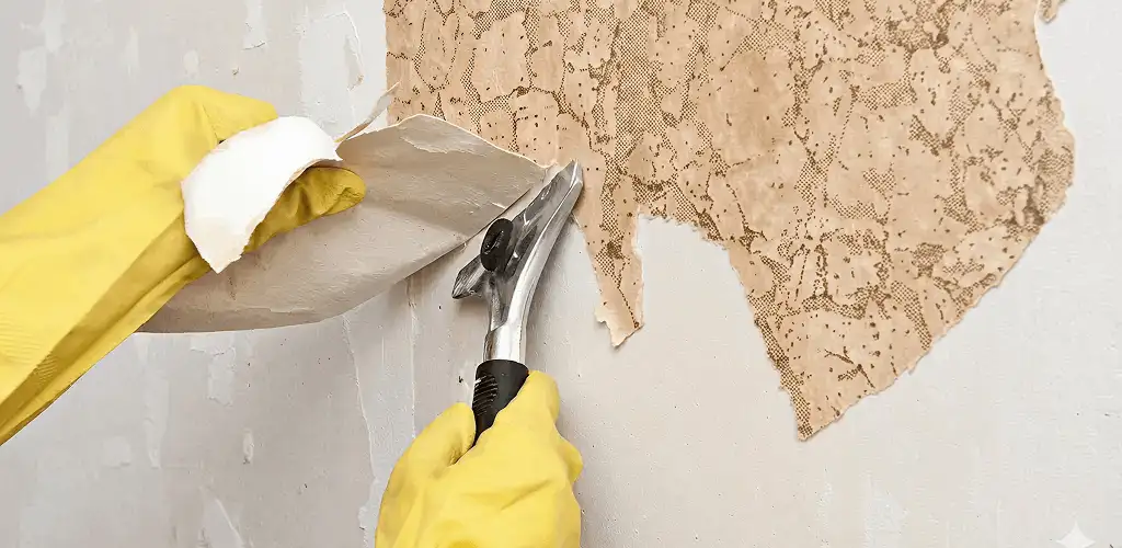 Wallpaper removal service stripping old wallpaper from a wall in Dover, DE