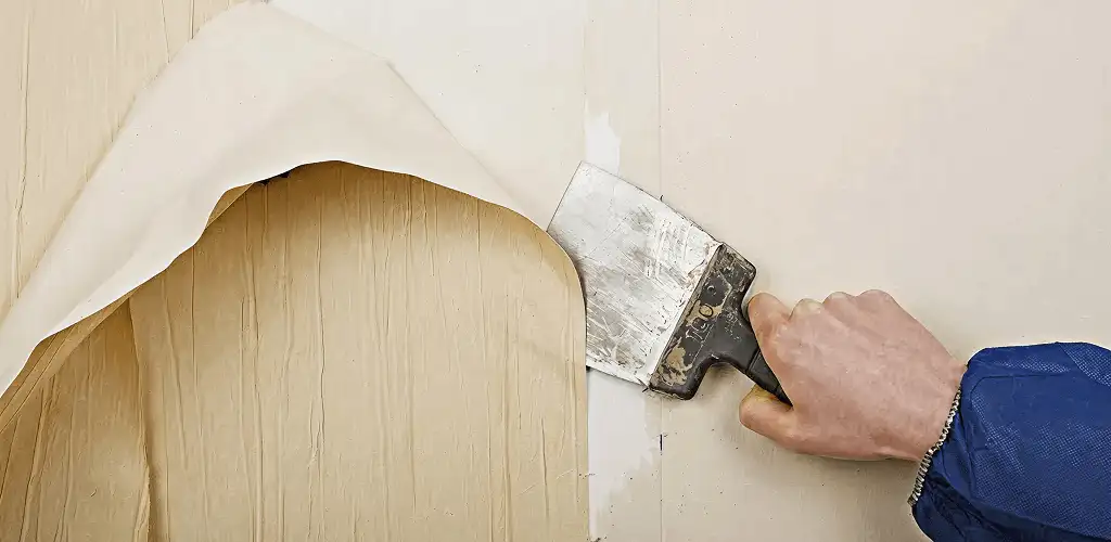 Handyman removing wallpaper with a scraper for wall preparation in Dover, DE
