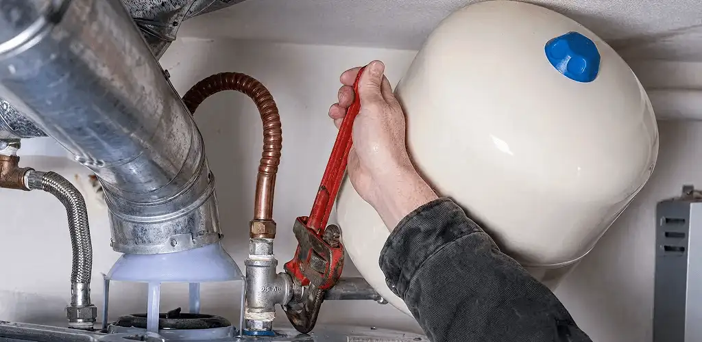 Water heater repair technician tightening plumbing connections near a tank unit in Dover, DE
