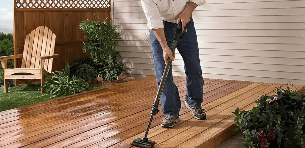 Deck staining service applying stain to a backyard wood deck in Dover, DE